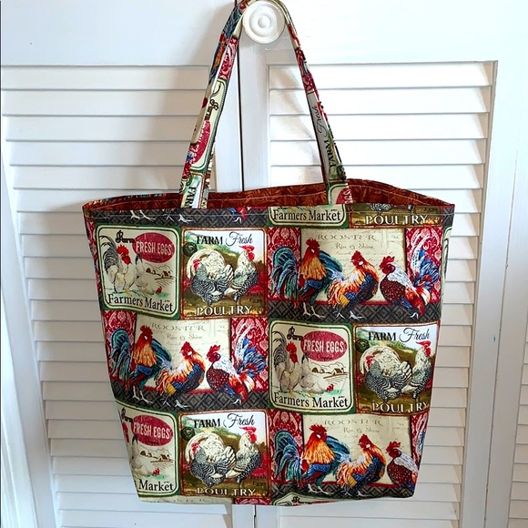 Hand Crafted Handbags - Hand Crafted Farmers Market Roosters All Purpose Reusable Tote Bag 100% Cotton
